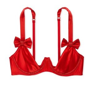 Victoria’s Secret Peekaboo Unlined Shine Balconette Red Satin Bra with Bows